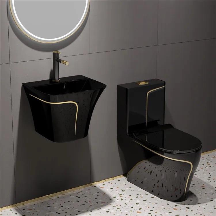 Luxury Black and Gold One-Piece WC with Basin